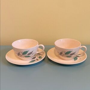 Mid-Century MCM Johnson Brothers Leaf Cups with Saucers